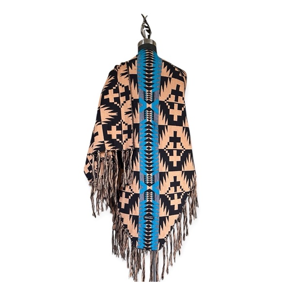 Pendleton spider rock blanket shawl Blue and Tan Geometric Poncho cape - Picture 6 of 6